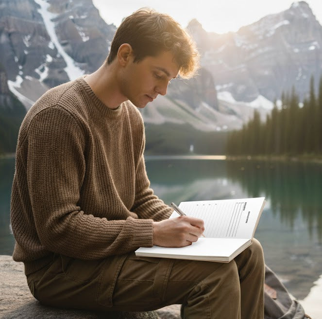 Man sitting by a lake with mountains in the background, writing in a horizon notebook.
